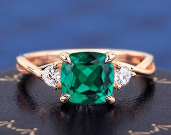 Vintage Ring Kussen Cut Lab creëerde Emerald 925 Sterling zilveren ring voor haar belofte ring verjaardag geschenken voor vrouwen handgemaakt