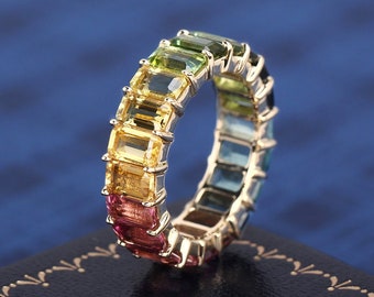 K Solid Gold Emerald Cut Natural Tourmaline Ring For Women Wedding Band Engagement Band Gemstone Handmade Art Deco Gifts For Her Ring