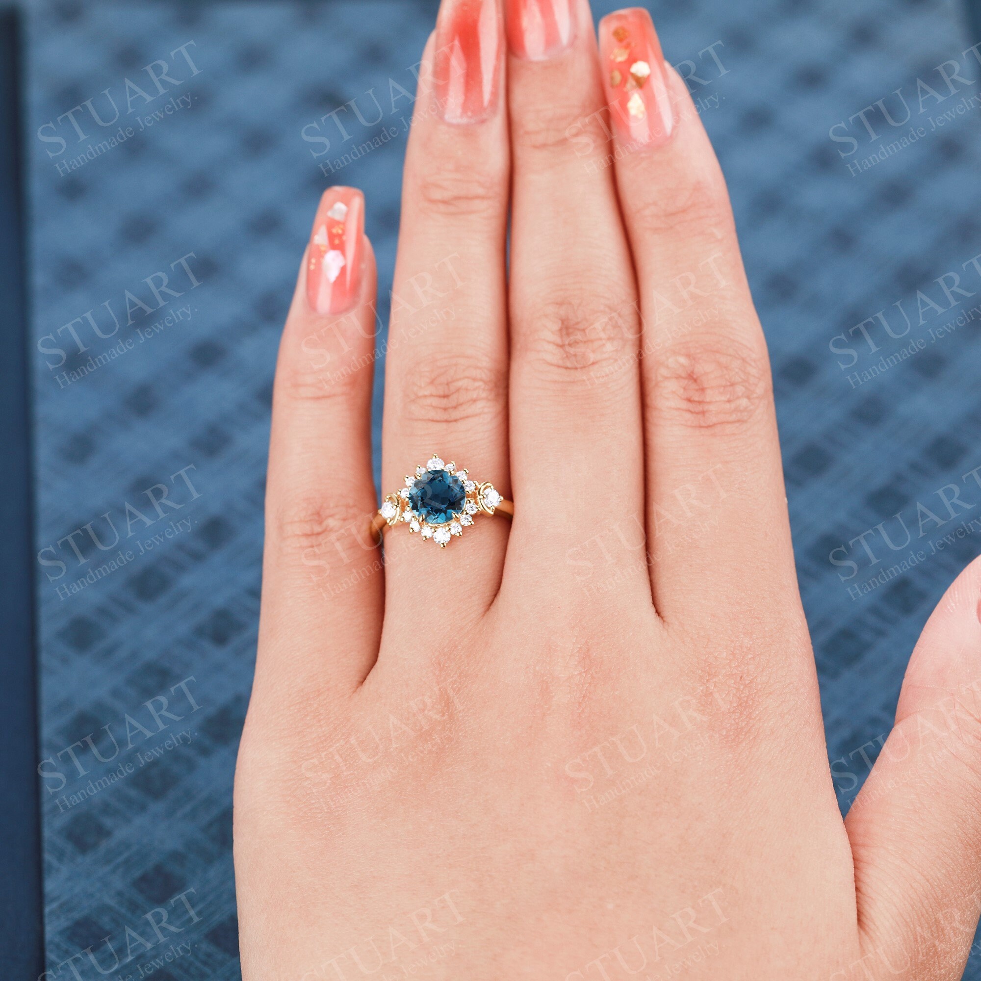 Luxury Natural London Blue Topaz Ring Round Cut K Solid Gold Ring for ...