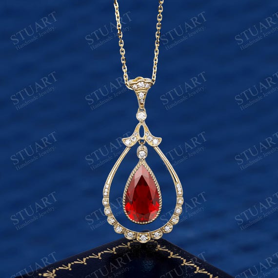 Pendentif Breloque Poire Rubis Naturel Et Diamant – Or Massif 18 Carats, Fait Main Inde