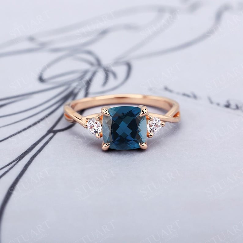 Cushion Cut Natural London Blue Topaz 925 Sterling Silver Ring for Her ...