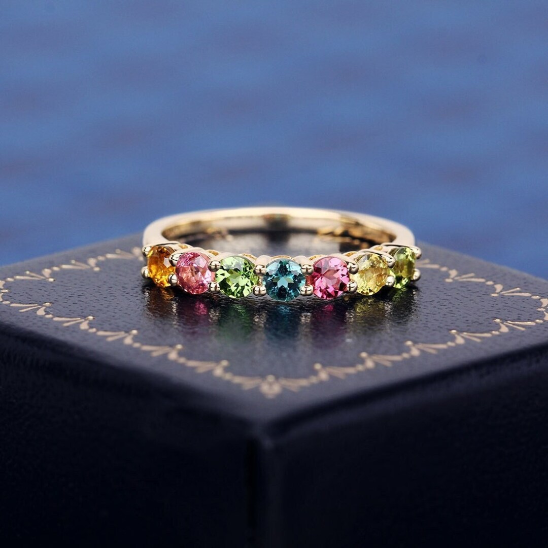 Round Cut Natural Colourful Tourmaline Ring for Women Solid Gold ...