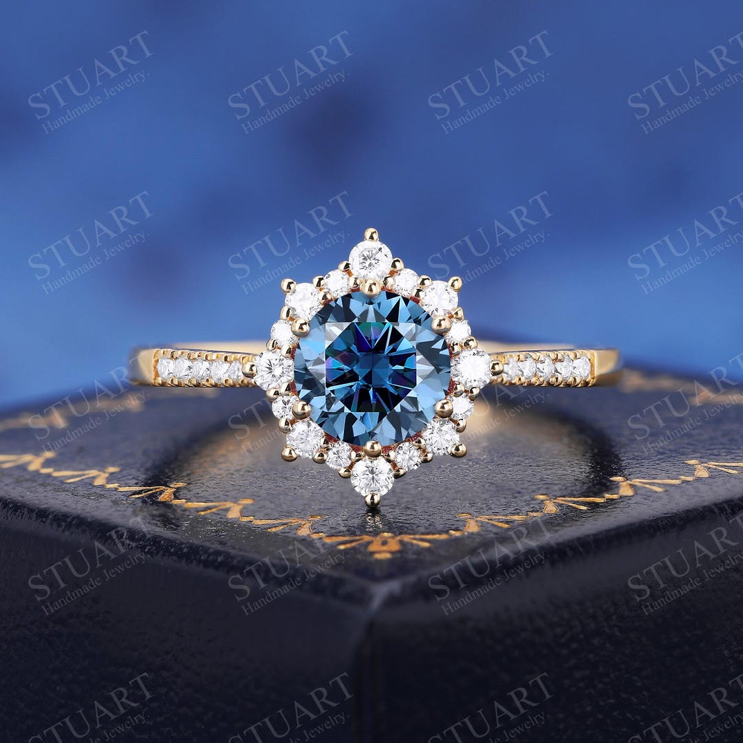 Grey Blue Rings Halo Round Cut Blue Grey Moissanite Solid Yellow Gold Ring, Ideal for ...