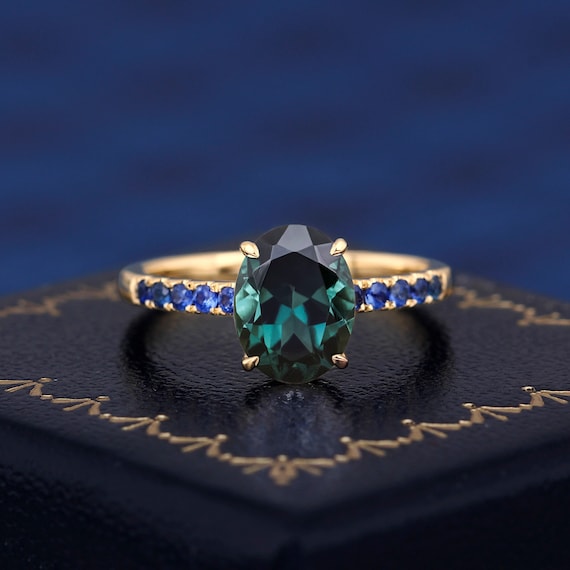 Luxury Gemstone Ring Oval Cut Green Blue Sapphire K Solid Gold Ring For Women Engagement Band Wedding Ring Natural Sapphire Side Stone