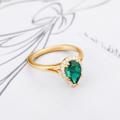 Pear shops Cut Lab Created Emerald K Solid Gold Ring Wedding Engagement Band Gemstone Handmade Gold Ring For Women Bridal Promise Ring