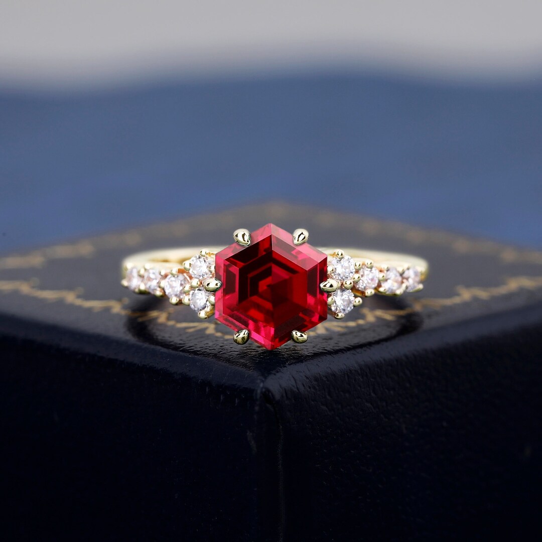 Hexagon Cut Red Ruby Ring for Women Cluster Ring 925 Sterling Silver ...