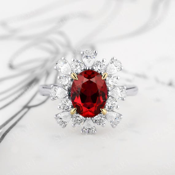 オーバルカットルビー18Kツートンゴールドリング、女性用婚約指輪