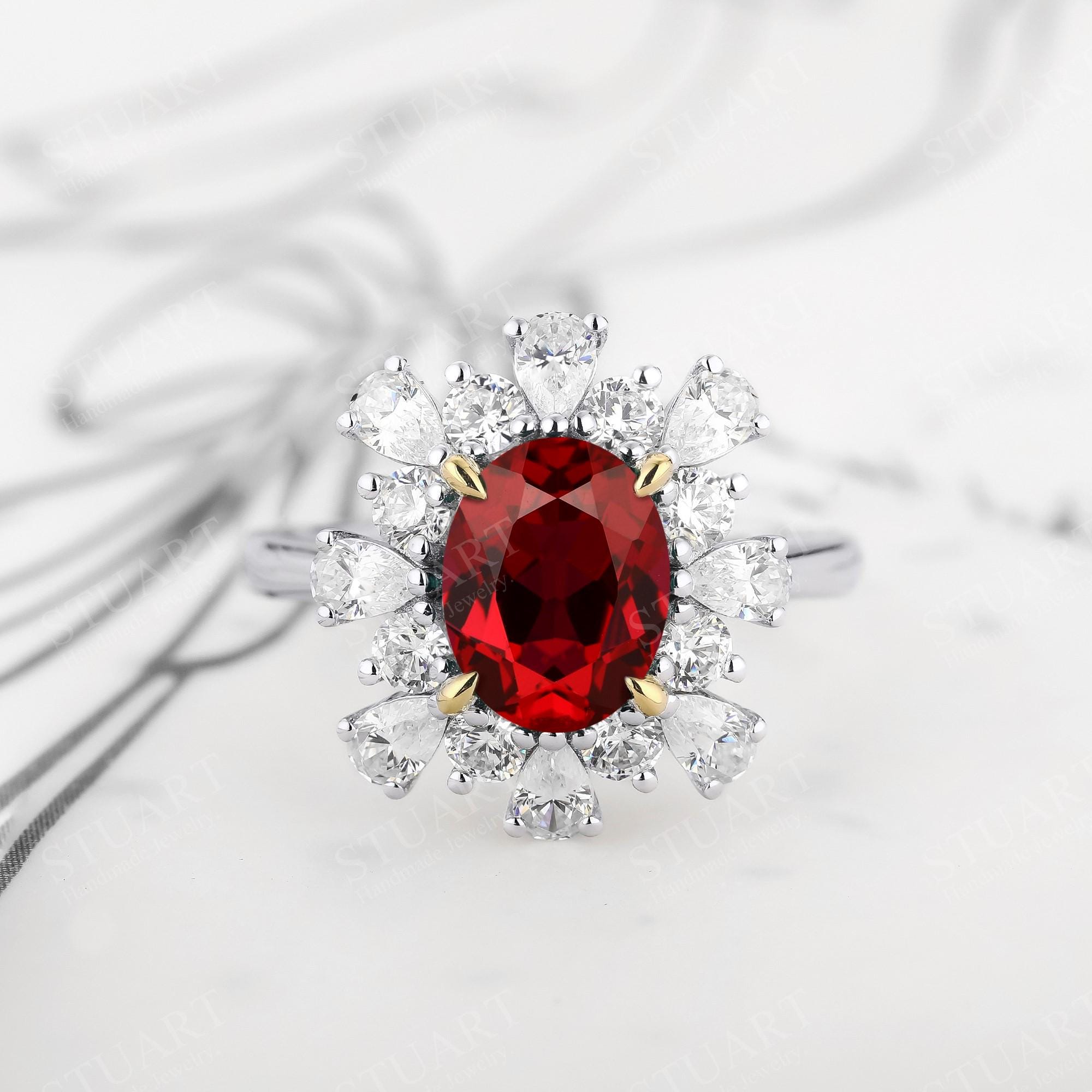 オーバルカットルビー18Kツートンゴールドリング、女性用婚約指輪