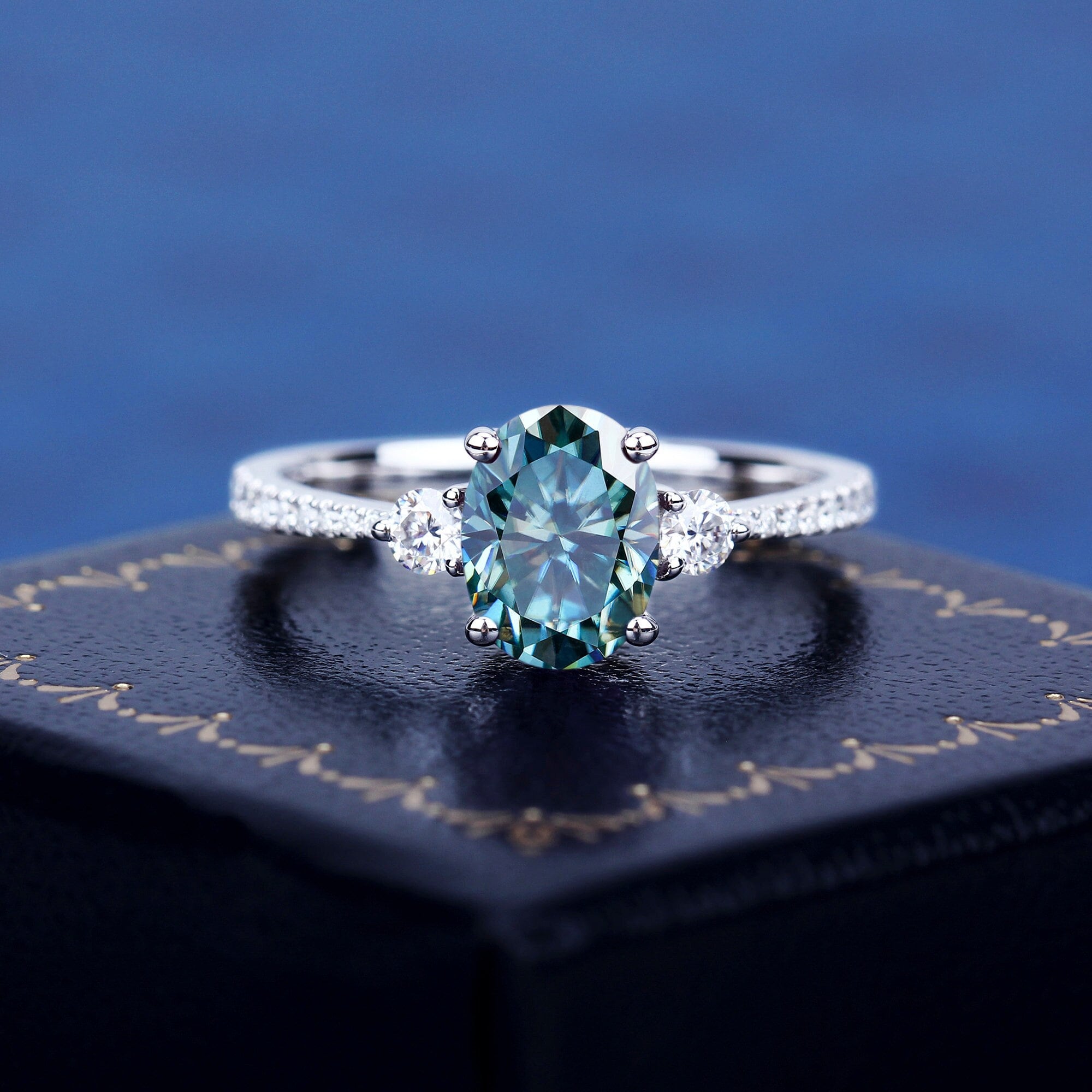Classic Three Stone Ring Oval Cut Cyan Blue Moissanite White Gold Ring For Women Handmade Engagement Ring Bridal Promise Statement Ring