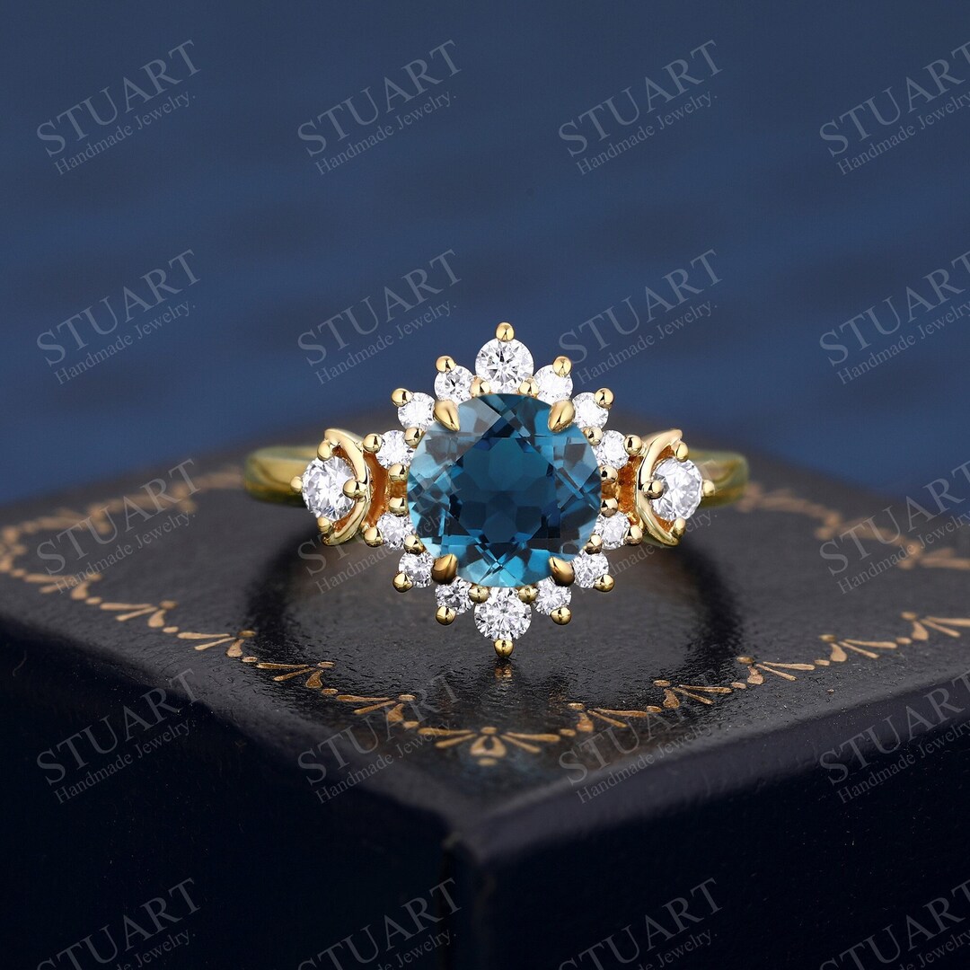 Luxury Natural London Blue Topaz Ring Round Cut K Solid Gold Ring for ...