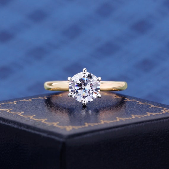 Round Cut White Moissanite Two Tone Ring For Women K Solid Gold Engagement Ring Wedding Band Gifts For Her Anniversary Handmade Ring