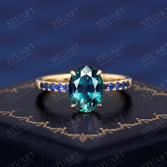 Luxury Gemstone Ring Oval Cut Lab Created Green Blue Sapphire K Solid Gold Ring For Women Engagement Band Wedding Ring Teal Blue Sapphire