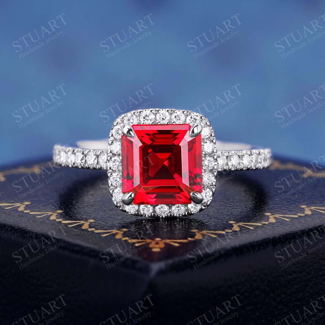 Asscher Cut Red Ruby 18K White Gold Ring for Women Natural Diamond ...