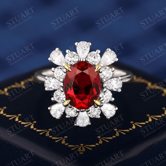 オーバルカットルビー18Kツートンゴールドリング、女性用婚約指輪