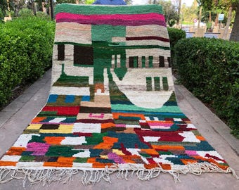 Green Abstract Berber Rug: Hand-Knotted Moroccan Boujaad Rug