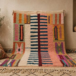 Puede incluir: Una colorida alfombra con estampado geométrico y flecos color crema. La alfombra presenta una variedad de formas y colores, incluyendo rosa, naranja, turquesa y morado. La alfombra se exhibe contra una pared neutra, con un cojín decorativo y una planta en el fondo.