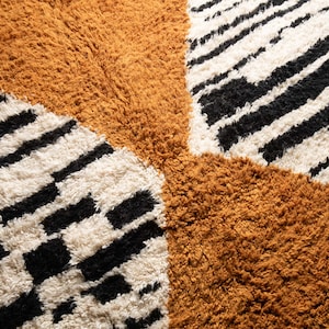 May include: A close-up of a brown, white, and black patterned rug. The rug has a geometric design with stripes and squares.