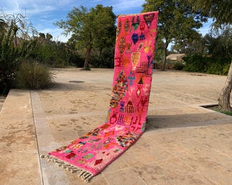 2X9FT Pink RUNNER MOROCCAN rug, pink runner Carept rug, wool hallway berber rug, boujaad pink rug,runner morocco pink rug,63x290CM