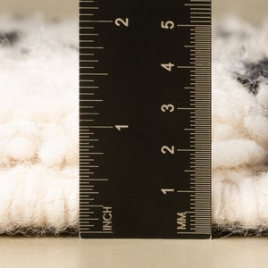 May include: Close-up of a white and black fluffy rug with a ruler measuring 1 inch. The ruler is marked in inches and millimeters.
