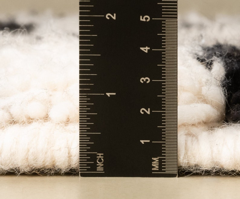 May include: Close-up of a white and black fluffy rug with a ruler measuring 1 inch. The ruler is marked in inches and millimeters.
