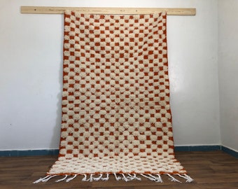 Orange Cream Checkered Beni Ourain Wool Shag Rug, Geometric Boho Modern Home Decor