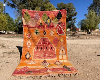 PRACHTIG Boujaad Oranje tapijt, Custom Aera Rug- Marokkaans tapijt Handgeknoopt, Tribal Berber Rug-Gaming Room Area Rug, Abstract Veelkleurig Tapijt