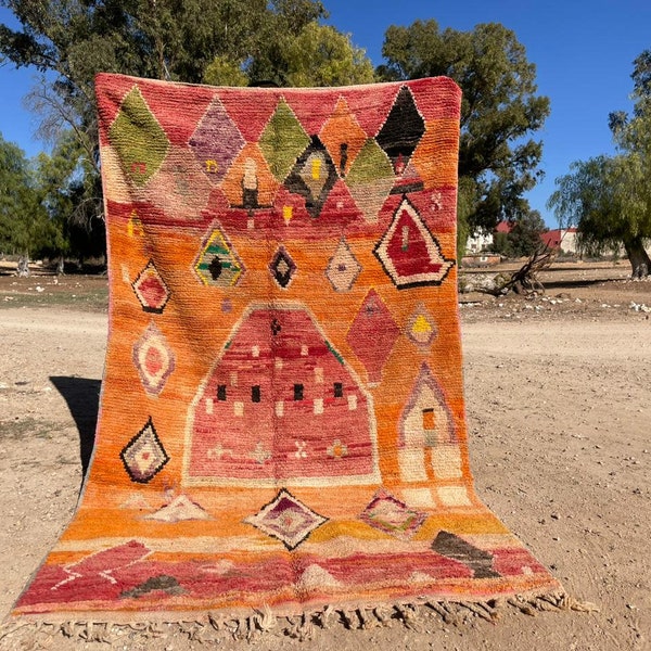 MAGNÍFICA alfombra naranja Boujaad, alfombra Aera personalizada- alfombra marroquí anudada a mano, alfombra bereber tribal-alfombra de área de sala de juegos, alfombra multicolor abstracta