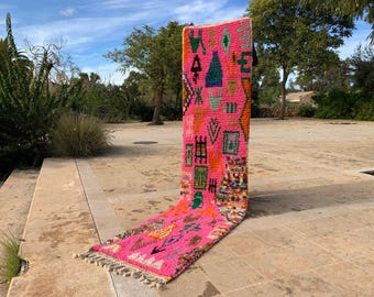 65x280 CM RUNNER MOROCCAN rug, pink runner Carept rug, wool hallway berber rug, boujaad pink rug,runner morocco pink rug,2x8,7ft