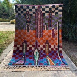Checkered boujaad rug, Orange and White rug, tapia marocain berber rug,