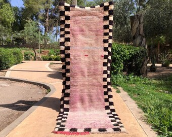 2,7x7,6 ft Vintage hallwat pink berber checkered rug,runner moroocon boujaad rug, 88x247cm