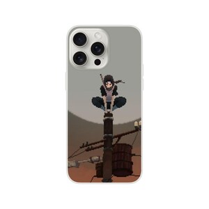 May include: A pixelated design phone case featuring a character sitting atop a wooden structure against a muted background. The case has a clear border and a design that evokes a retro video game aesthetic.