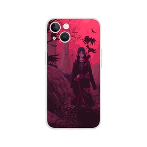 May include: A phone case featuring pixel art of a character in a black cloak with red cloud designs, set against a red and black forest backdrop. The case has a white border and camera cutouts.