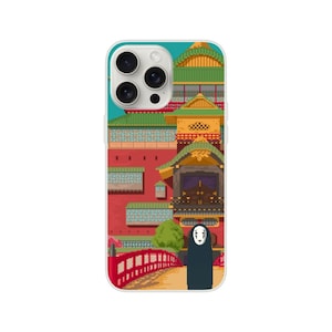 May include: A white phone case featuring a pixelated illustration of a Japanese-style building with red, green, and yellow accents. A red bridge and a figure in a black cloak are also visible.