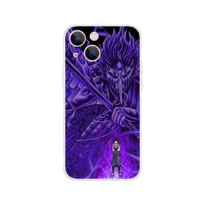 May include: A clear phone case featuring a purple illustration of a character with long hair and a mask, holding a weapon. A smaller figure stands in front of the larger character, with purple lightning in the background.