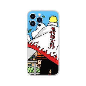 May include: A pixelated phone case featuring a character with spiky yellow hair and a white cloak with red flames. The case has a blue sky background and the character's back is visible. The Japanese text is on the cloak.