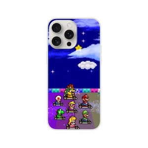 May include: A phone case featuring a pixelated video game scene with a night sky background. The design includes characters in go-karts racing on a track. The case has a white border and a camera cutout.
