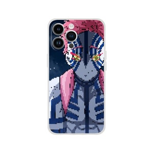 May include: A white phone case with a pixelated illustration of a character with pink hair and blue and white markings. The design is set against a dark blue starry background.