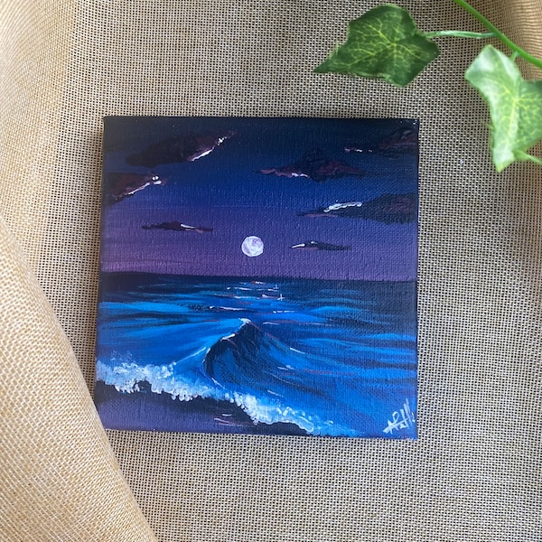 Plage de nuit, peinture a l’acrylique sur une toile 15 x15