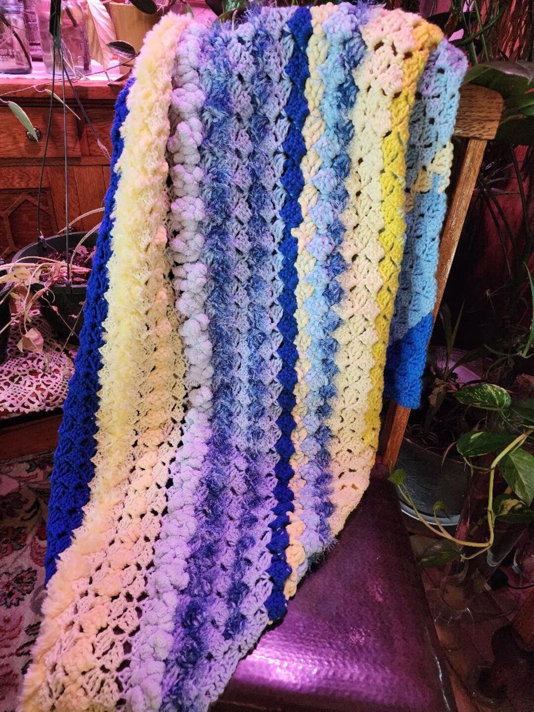 Blue and Yellow Afghan, Fuzzy Crocheted Afghan, Handmade Blanket, Blue