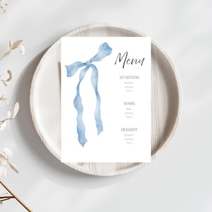 Blue Bow Wedding Menu Template | Editable Canva Menu | Elegant Minimalist Reception Menu | Instant Download | DIY Printable