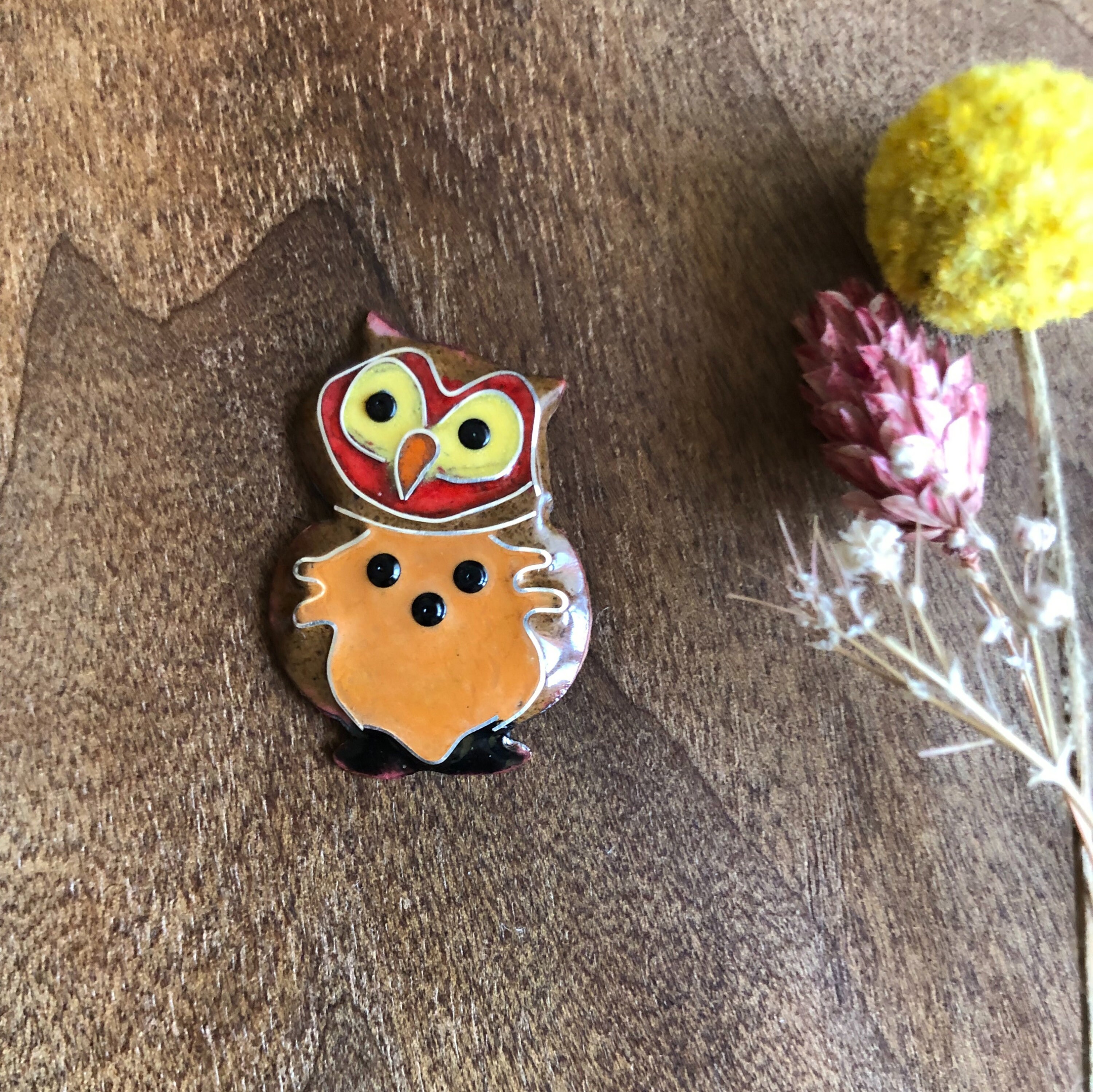 Owl Enamel Brooch &ndash; Handmade Copper Cloisonn&eacute; Animal Pin, Forest Jewelry