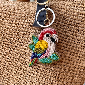 Beaded Parrot Bag Charm - Handmade Colorful Bird Keychain - Bead Embroidery Animal Lover Gift - Parrot Accessory