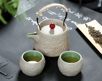 Rough pottery Tilian pot|One pot, two cups|Portable ceramic tea set|Kungfu tea set|Ceramic tea set|Birthday gift|Happy housewarming