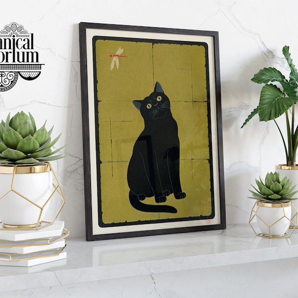 Black Cat Print, Japanese Pet Art, Fine Art Exhibition Poster, Woodblock Modern Home Decor Gift Idea, Available Framed, A6 A5 A4 A3 A2 A1