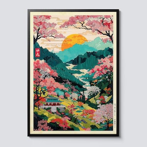 Puede incluir: Una impresión japonesa de estilo colorido de un paisaje de montaña con un templo rojo, flores de cerezo y un sol naciente. El texto "佐" es visible en la esquina superior izquierda.