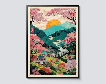 Mount Yoshino Valley, Japanese Cartoon Style Poster, Ukiyo-e Illustration Anime Wall Art, Blossom and Temple Decor Print
