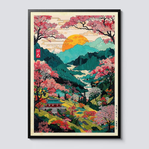Mount Yoshino Valley, poster in Japanse cartoonstijl, ukiyo-e illustratie anime muurkunst, bloesem en tempel decor print