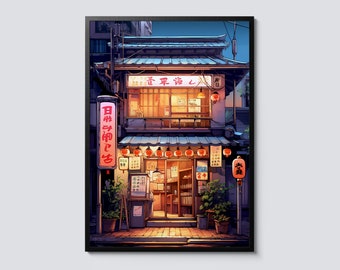 May include: A brightly lit storefront in a Japanese city at night. The building is painted in shades of blue and gray, with a red roof and a sign that reads "香平庵". There are red lanterns hanging from the awning, and the windows are lit up with warm yellow light.