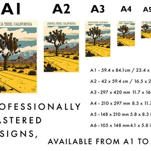 May include: A set of six Joshua Tree, California prints in various sizes, from A1 to A6. The prints feature a stylized illustration of a Joshua Tree in a desert landscape with a road leading into the distance. The prints are professionally mastered designs.