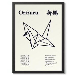 Puede incluir: Impresión artística enmarcada con un dibujo lineal negro de una grulla de origami sobre un fondo blanquecino. La impresión incluye la palabra japonesa para grulla, "Orizuru", y el texto en inglés: "With every precise fold, the crane takes shape—an embodiment of balance, grace, and quiet beauty."